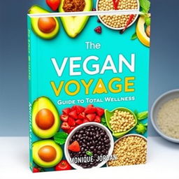 Create a vibrant and colorful cookbook cover titled 'The Vegan Voyage: Guide to Total Wellness' by Monique Jordan