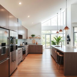 A modern kitchen design featuring sleek, minimalist cabinets, stainless steel appliances, a large island with bar stools, and pendant lighting