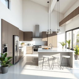 A modern kitchen design featuring sleek, minimalist cabinets, stainless steel appliances, a large island with bar stools, and pendant lighting