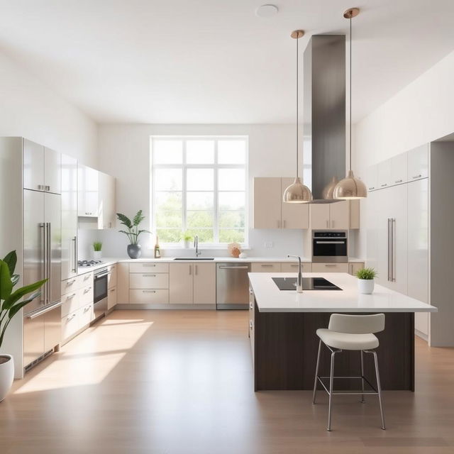 A modern kitchen design featuring sleek, minimalist cabinets, stainless steel appliances, a large island with bar stools, and pendant lighting