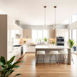 A modern kitchen design featuring sleek, minimalist cabinets, stainless steel appliances, a large island with bar stools, and pendant lighting