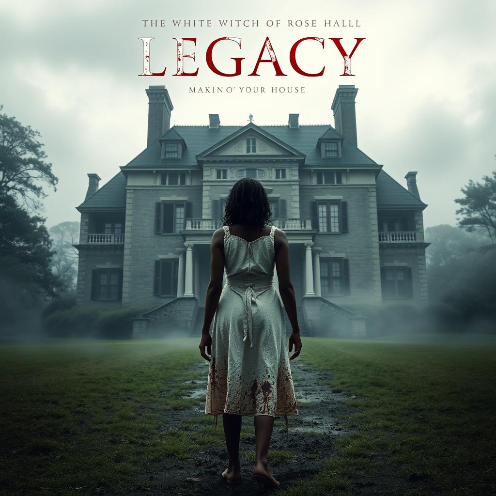 Create a movie poster for a film titled 'Legacy' about the white witch of Rose Hall and The Great House