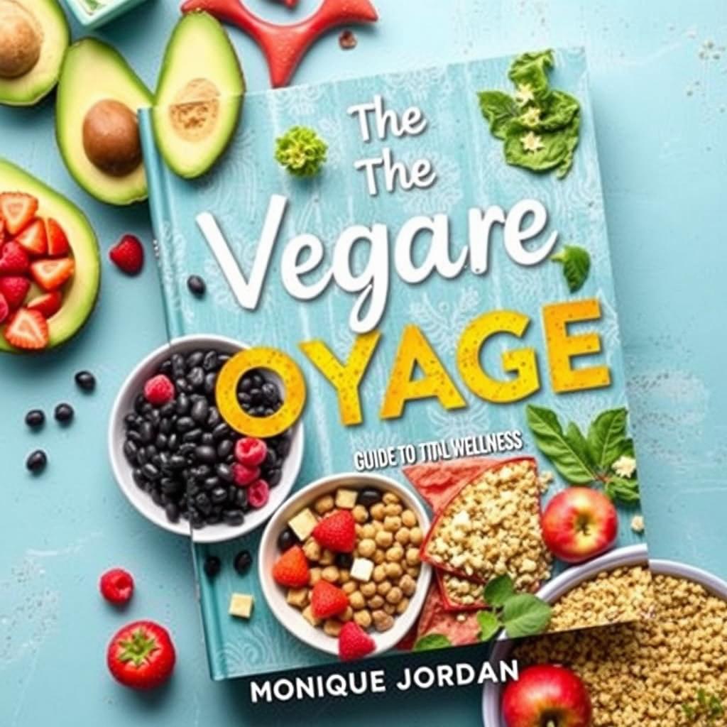 A vibrant and colorful cookbook cover titled 'The Vegan Voyage: Guide to Total Wellness' by Monique Jordan