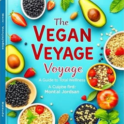 A vibrant and colorful cookbook cover titled 'The Vegan Voyage: Guide to Total Wellness' by Monique Jordan