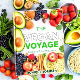 A vibrant and colorful cookbook cover titled 'The Vegan Voyage: Guide to Total Wellness' by Monique Jordan