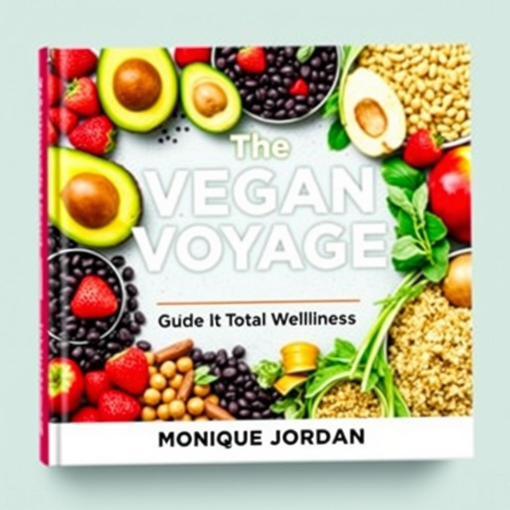 A vibrant and colorful cookbook cover titled 'The Vegan Voyage: Guide to Total Wellness' by Monique Jordan