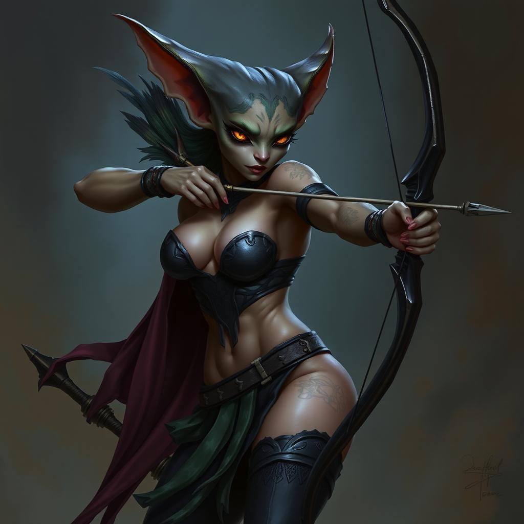 A female kobold arcane rogue, depicted in a seductive manner, holding a bow