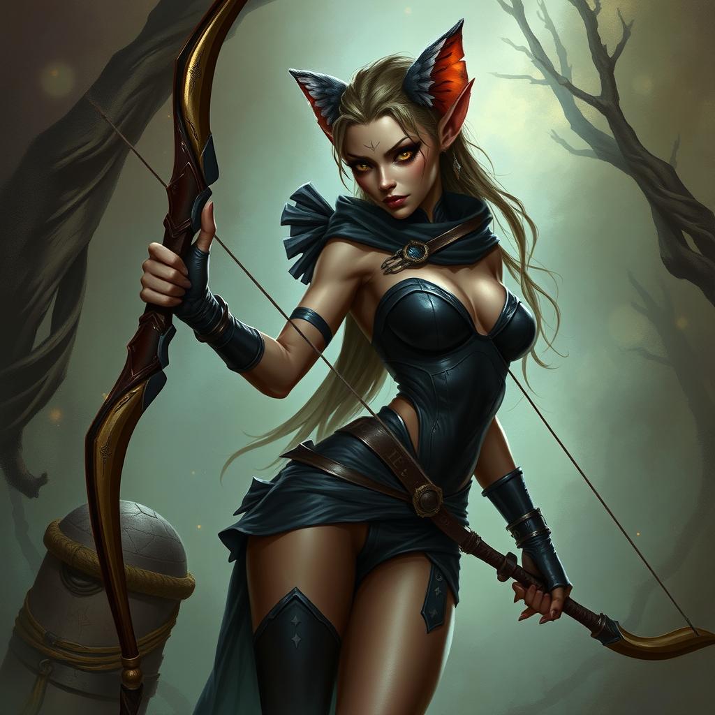 A female kobold arcane rogue, depicted in a seductive manner, holding a bow