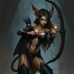 A female kobold arcane rogue, depicted in a seductive manner, holding a bow