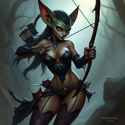 A female kobold arcane rogue, depicted in a seductive manner, holding a bow