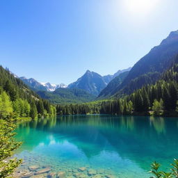 A serene landscape featuring a clear blue lake surrounded by lush green trees and mountains in the background under a bright, sunny sky