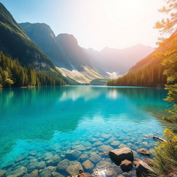 A serene landscape featuring a clear blue lake surrounded by lush green trees and mountains in the background under a bright, sunny sky