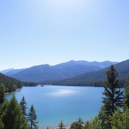 A serene landscape featuring a clear blue lake surrounded by lush green trees and mountains in the background under a bright, sunny sky