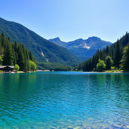 A serene landscape featuring a clear blue lake surrounded by lush green trees and mountains in the background under a bright, sunny sky