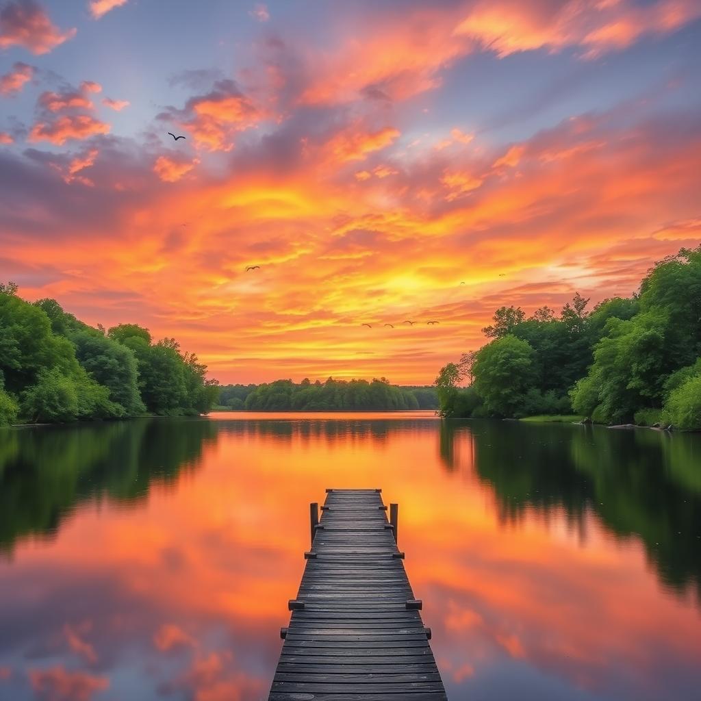 Create an image with a beautiful sunset over a serene lake, surrounded by lush green trees