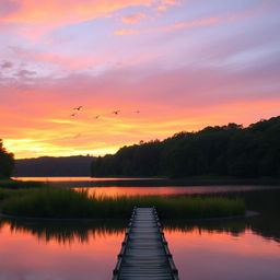 Create an image with a beautiful sunset over a serene lake, surrounded by lush green trees