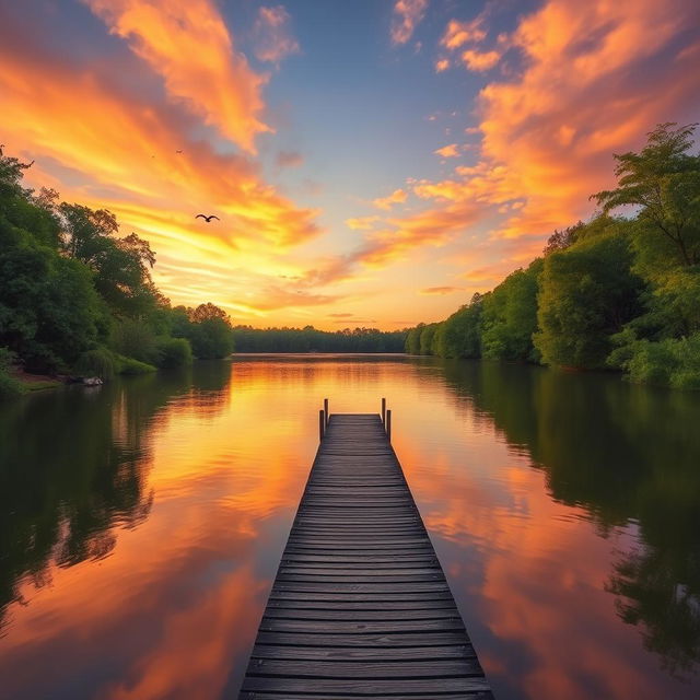 Create an image with a beautiful sunset over a serene lake, surrounded by lush green trees