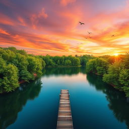 Create an image with a beautiful sunset over a serene lake, surrounded by lush green trees