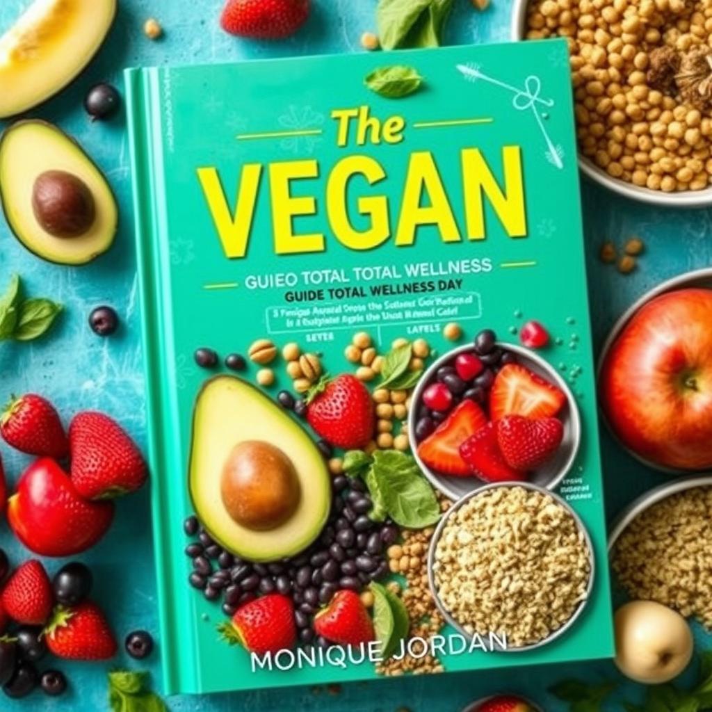 Create a vibrant and colorful cookbook cover titled 'The Vegan Voyage: Guide to Total Wellness' by Monique Jordan