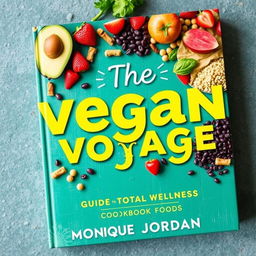 Create a vibrant and colorful cookbook cover titled 'The Vegan Voyage: Guide to Total Wellness' by Monique Jordan