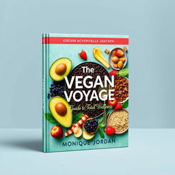 Create a vibrant and colorful cookbook cover titled 'The Vegan Voyage: Guide to Total Wellness' by Monique Jordan