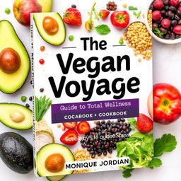 Create a vibrant and colorful cookbook cover titled 'The Vegan Voyage: Guide to Total Wellness' by Monique Jordan