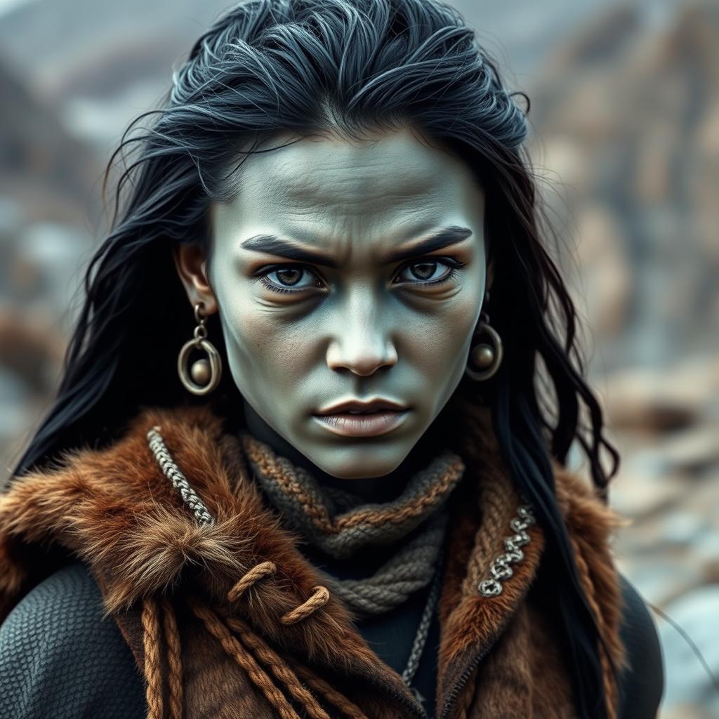 A striking image of a young Goliath woman with grey skin and black eyes