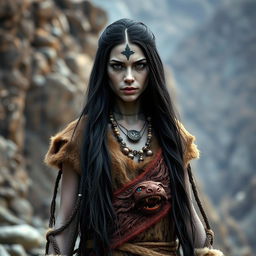 A striking image of a young Goliath woman with grey skin and black eyes