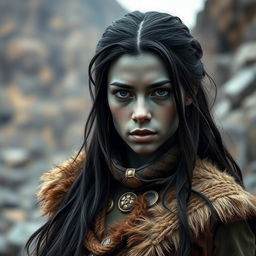 A striking image of a young Goliath woman with grey skin and black eyes