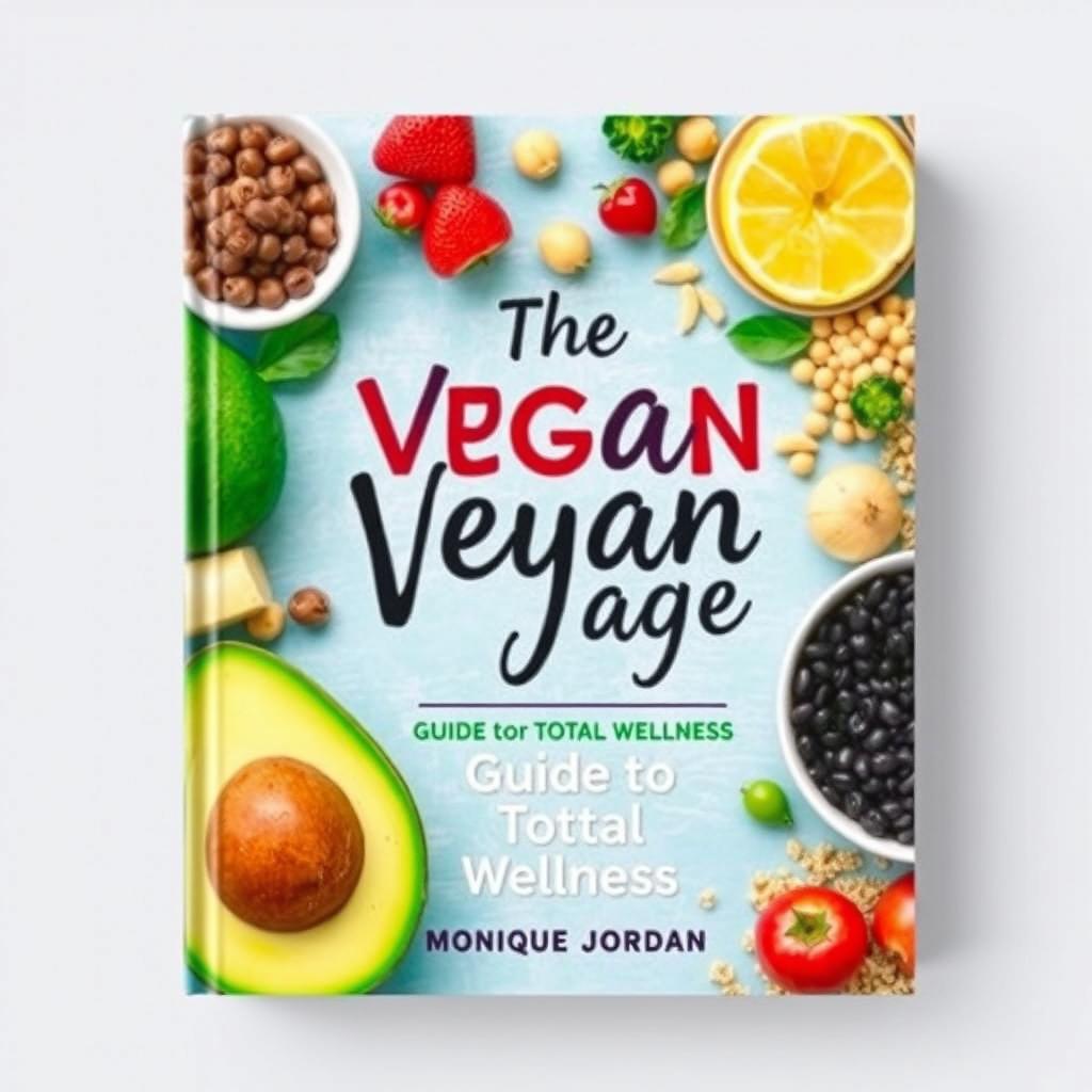 Design a vibrant and colorful cookbook cover titled 'The Vegan Voyage: Guide to Total Wellness' by Monique Jordan