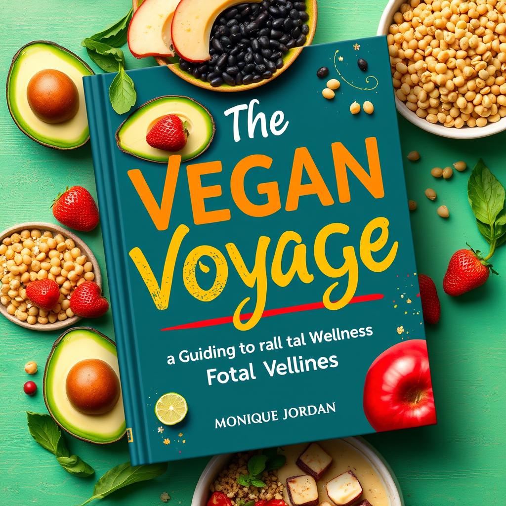 Design a vibrant and colorful cookbook cover titled 'The Vegan Voyage: Guide to Total Wellness' by Monique Jordan