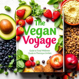 Design a vibrant and colorful cookbook cover titled 'The Vegan Voyage: Guide to Total Wellness' by Monique Jordan