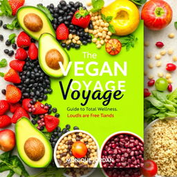 Design a vibrant and colorful cookbook cover titled 'The Vegan Voyage: Guide to Total Wellness' by Monique Jordan