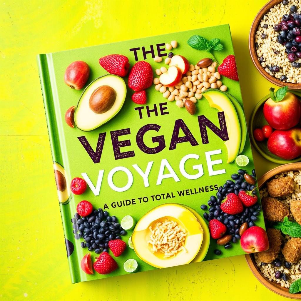 A vibrant and colorful cookbook cover titled 'The Vegan Voyage: Guide to Total Wellness' by Monique Jordan