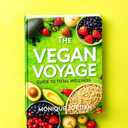 A vibrant and colorful cookbook cover titled 'The Vegan Voyage: Guide to Total Wellness' by Monique Jordan