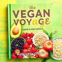 A vibrant and colorful cookbook cover titled 'The Vegan Voyage: Guide to Total Wellness' by Monique Jordan