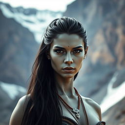 A striking image of a young Goliath woman with grey skin and black eyes