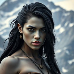 A striking image of a young Goliath woman with grey skin and black eyes