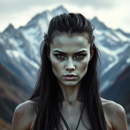 A striking image of a young Goliath woman with grey skin and black eyes