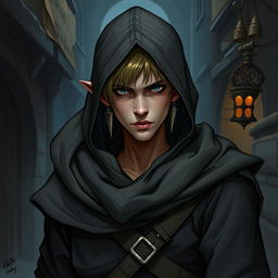 A detailed illustration of a half-elf assassin, dressed in dark, stealthy attire with a hood