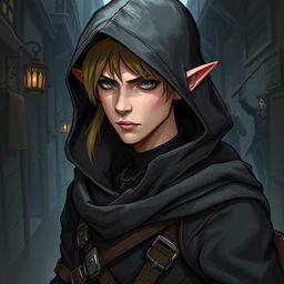 A detailed illustration of a half-elf assassin, dressed in dark, stealthy attire with a hood