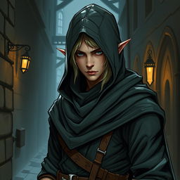 A detailed illustration of a half-elf assassin, dressed in dark, stealthy attire with a hood