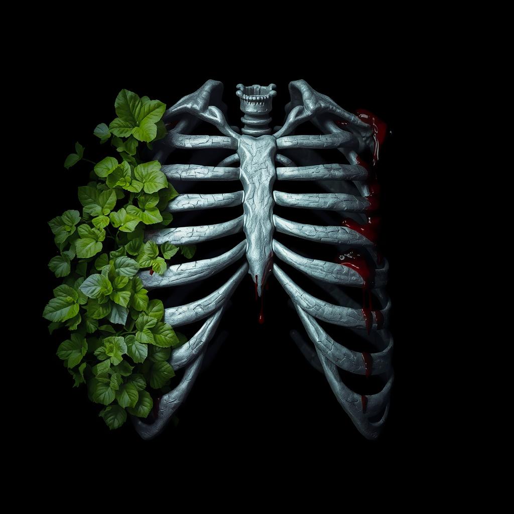 A dark and eerie image featuring silver ribs in the center