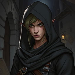 A detailed illustration of a half-elf assassin, dressed in dark, stealthy attire with a hood