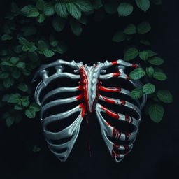 A dark and eerie image featuring silver ribs in the center