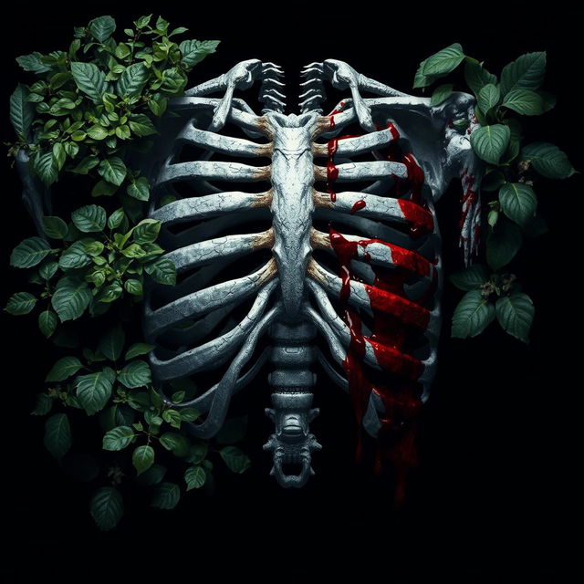 A dark and eerie image featuring silver ribs in the center