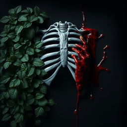 A dark and eerie image featuring silver ribs in the center