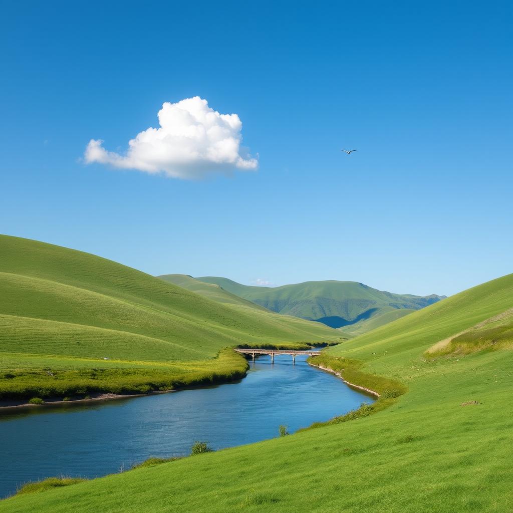 A serene landscape featuring a clear blue sky, rolling green hills, and a calm river flowing through the center