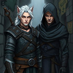 A detailed illustration of a half-elf witcher and a half-elf assassin standing together