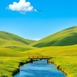 A serene landscape featuring a clear blue sky, rolling green hills, and a calm river flowing through the center